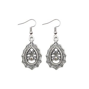 Detailed close-up of silver spider web earrings with hanging hooks on white background