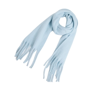 Detailed close-up of soft light blue mohair scarf with elegant fringe on white backdrop