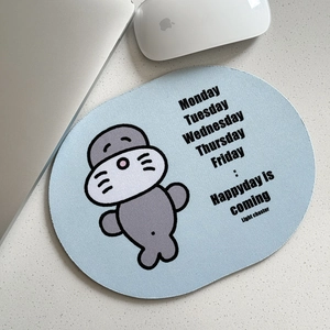 Oval light blue mouse pad with cartoon seal illustration and motivational quotes