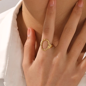 Minimalist Hollow Oval Ring For Women Stainless Steel Hammered Texture Open Adjustable Geometric Vintage Gold Plated Jewelry