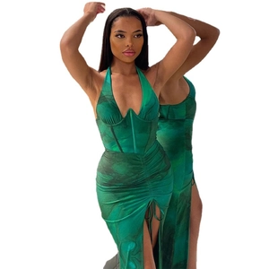 Slim fit green marble print halter midi dress with V-neck, drawstring and high slit
