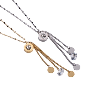 Titanium steel tassel necklaces with Roman numeral rings and cubic zirconia stones