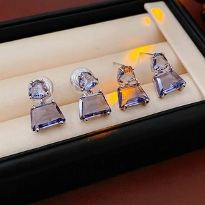 Purple Zircon Geometric Earrings With Silver Earring Post Triangle Trapezoid Gemstone Ear Clips For Women Minimalist Chic