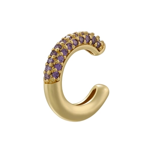 Detail of 18K gold plated C-shaped ear cuff featuring micro-paved purple crystals