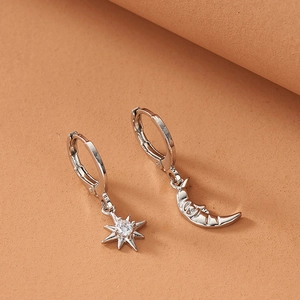 Asymmetric silver star and moon hoop earrings with cubic zirconia inlay for women