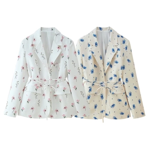 Blazers élégants à imprimé fleuri pour femmes avec col à revers et ceinture nouée