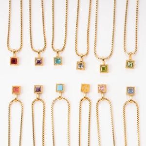 Elegant gold box chain necklaces with twelve colors of square zirconia stone pendants