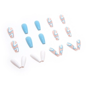 Long ballerina press-on nails set featuring cool blue and white swirl wave designs