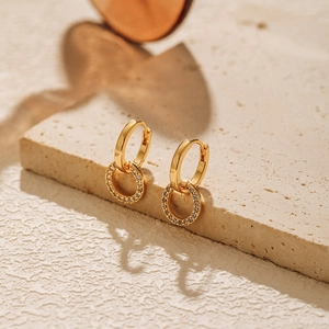 Minimalist double ring hoop earrings in gold with pavé cubic zirconia on stone tray