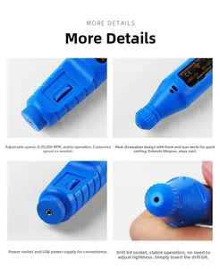 Detail view of blue electric nail drill showing USB power port and speed control dial