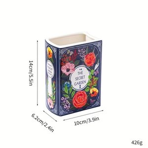 Creative book-shaped ceramic flower vase with Secret Garden floral design and 14cm height