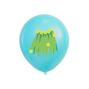 Blue latex balloon with Hawaiian grass skirt and yellow floral print detail
