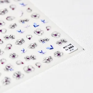 Detailed macro view of thin adhesive nail stickers featuring purple cherry blossoms and butterflies