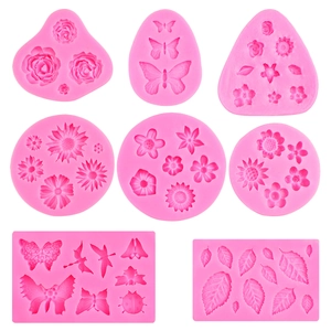 Lot de 8 moules en silicone rose motifs fleurs et feuilles pour décoration de gâteaux
