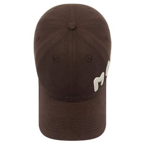 Brown cotton baseball cap with white M letter embroidery in a top-down view