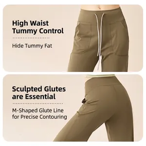 Olive green high-waisted yoga pants with drawstring and butt-lifting back seams