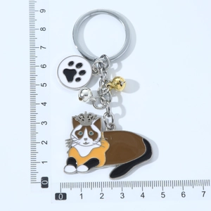 Detail of cartoon cat keychain with crown pendant, bells and paw tag on ruler