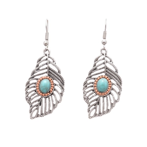 Vintage leaf earrings with turquoise stones and peach beads on silver hooks