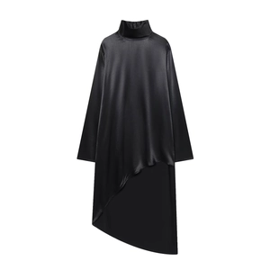 Robe Mi-Longue Élégante À Col Montant Et Manches Longues Ourlet Asymétrique Satin Brillant Noir Femme