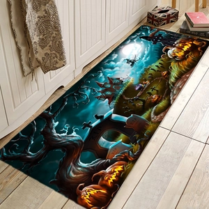 Detail of Halloween runner mat with pumpkin, ghost, and castle patterns on wood floor