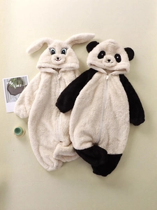 Baby Romper Flannel Plush Hooded Jumpsuit Cartoon Animal Rabbit Panda Pattern Warm Winter Infant Pajamas Bodysuit