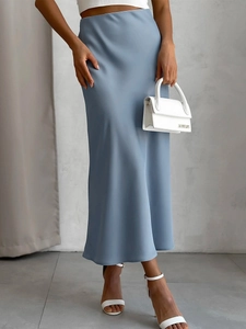 Elegant light blue satin maxi skirt featuring a high-waisted mermaid cut and silk finish