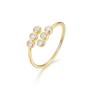Minimalist S925 silver open ring in gold with six round sparkling zircons for women