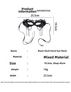 Detailed dimensions of black Halloween lace mask with skeleton hand and metal chains