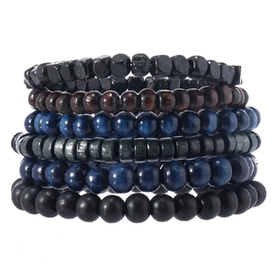 Multi-layer wooden bead bracelet set for men and women featuring black and blue tones