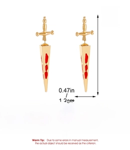 Gothic sword earrings detail with red drip blood effect and precise measurements