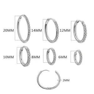 Polished silver stainless steel hoop earrings with white zircon in various sizes