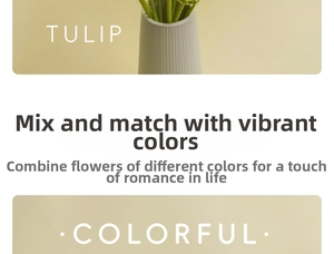 Detailed view of handmade knitted tulips in a textured grey vase with minimalist style