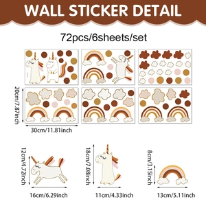 Bohemian rainbow and unicorn wall sticker set with 72 pieces for nursery room decor