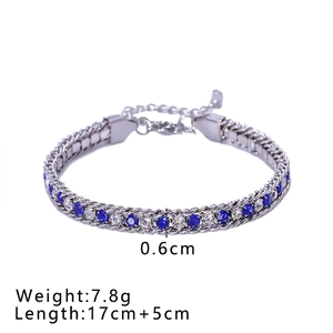 Detail of silver dual-strand chain bracelet with blue and white zircon stones and clasp