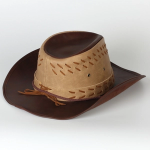 Detail of western cowboy hat showing two-tone leather texture and braided stitch accents