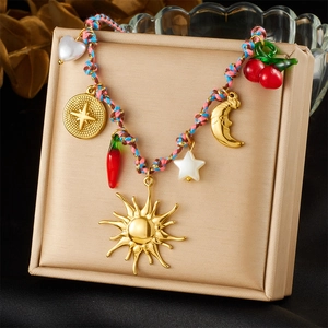 Stainless Steel Woven Rope Necklace Gold Plated Sun Moon Star Heart Chili Cherry Multi Pendant Bohemian Jewelry For Women