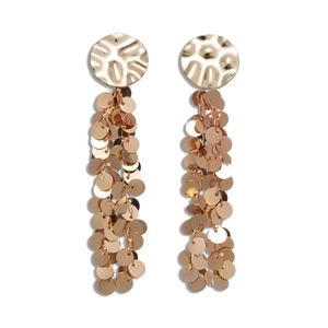 Golden multi-layer sequin fringe drop earrings with hammered texture and round metal plates