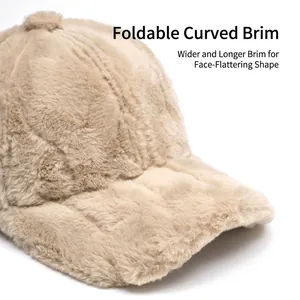 Beige faux fur baseball cap for women featuring soft plush texture and wide curved brim