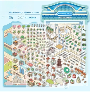 Detailed PET stickers featuring Xiamen city architecture with 3D miniature scenery design