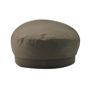 Detail of army green cotton twill flat top beret with premium stitched seam construction