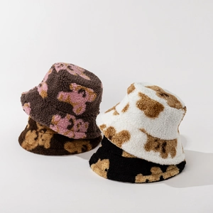 Winter Bucket Hat Sherpa Fleece Warm Windproof Cartoon Bear Pattern Cute Plush Basin Hat For Women Men