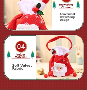 Detail of red velvet Christmas gift bag with Santa Claus 3D figure and drawstring