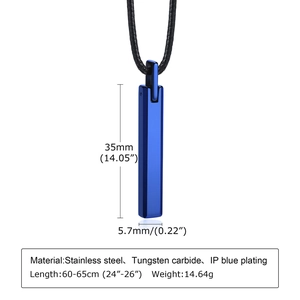 Detailed dimension guide for blue IP plated tungsten steel pendant necklace with 60cm cord