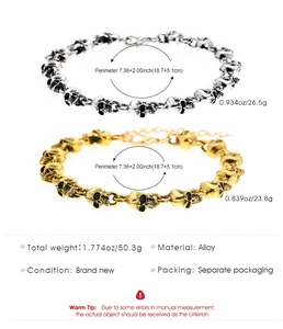 Gedetailleerde maatspecificaties voor gouden en zilveren schedelarmbanden van 18,7+5,1cm