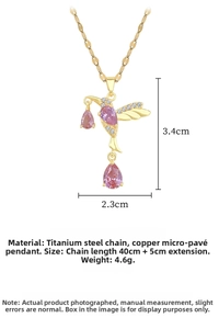 Detailed size specifications for pink zircon hummingbird pendant on a titanium steel chain