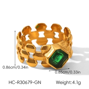 Détail d'une bague en acier titane doré avec pierre hexagonale verte et structure ajourée