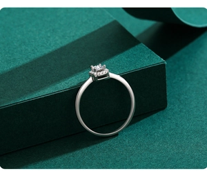 Macro detail of S925 sterling silver ring with princess cut 1 carat cubic zirconia