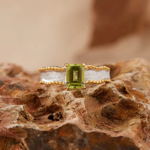 S925 sterling silver ring with square olive green gemstone and golden bead trim