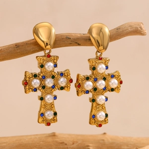 Baroque Vintage Cross Earrings 18K Gold Plated Stainless Steel With Faux Artificial Pearls And Colorful Rhinestones For Women