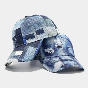 Retro denim-style baseball caps with vintage print and distressed texture for outdoors